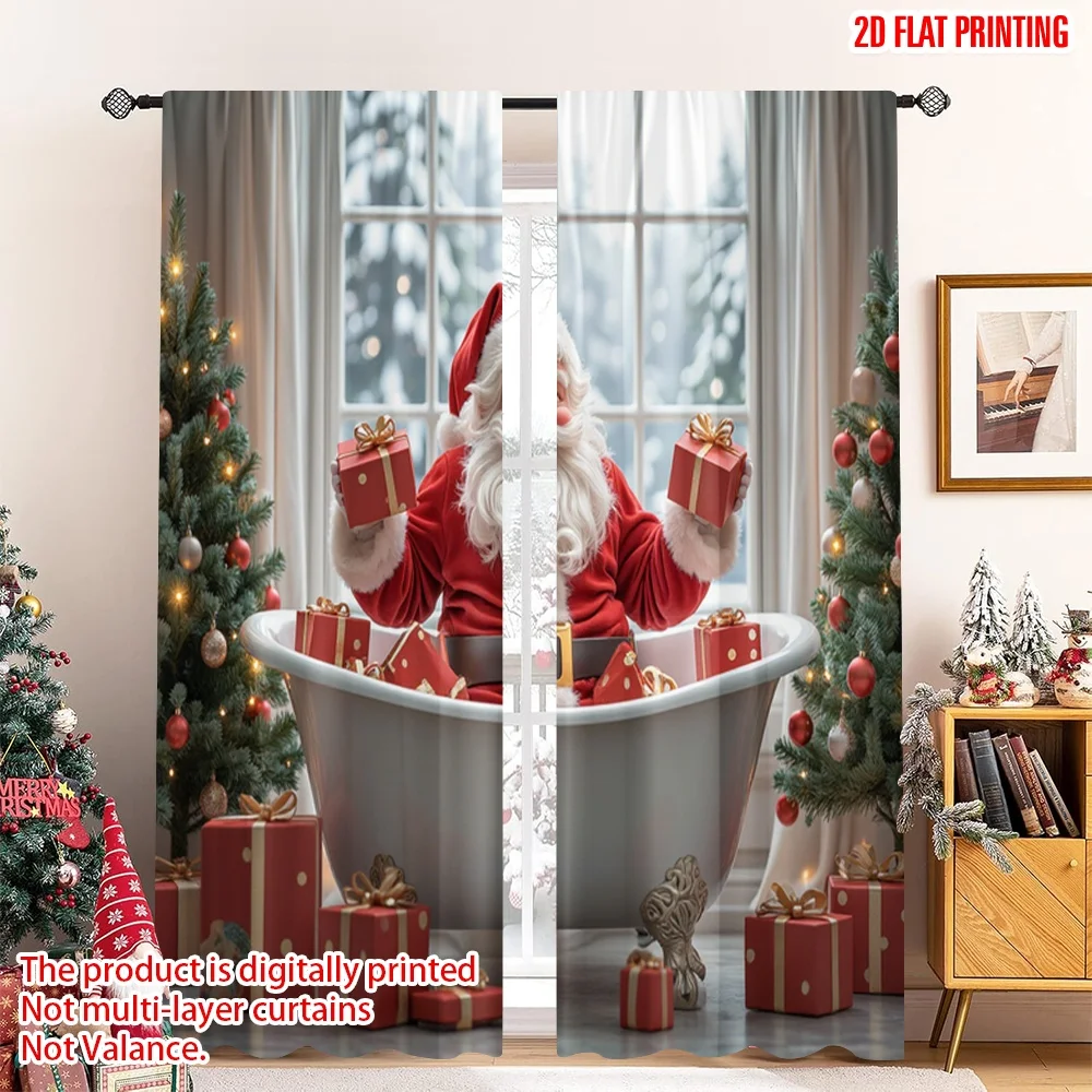 

2pcs 2D flat printing Merry Christmas Drapes Santa Claus Gifts Winter Wonderland Fabric Without Electricity Holiday Decorations