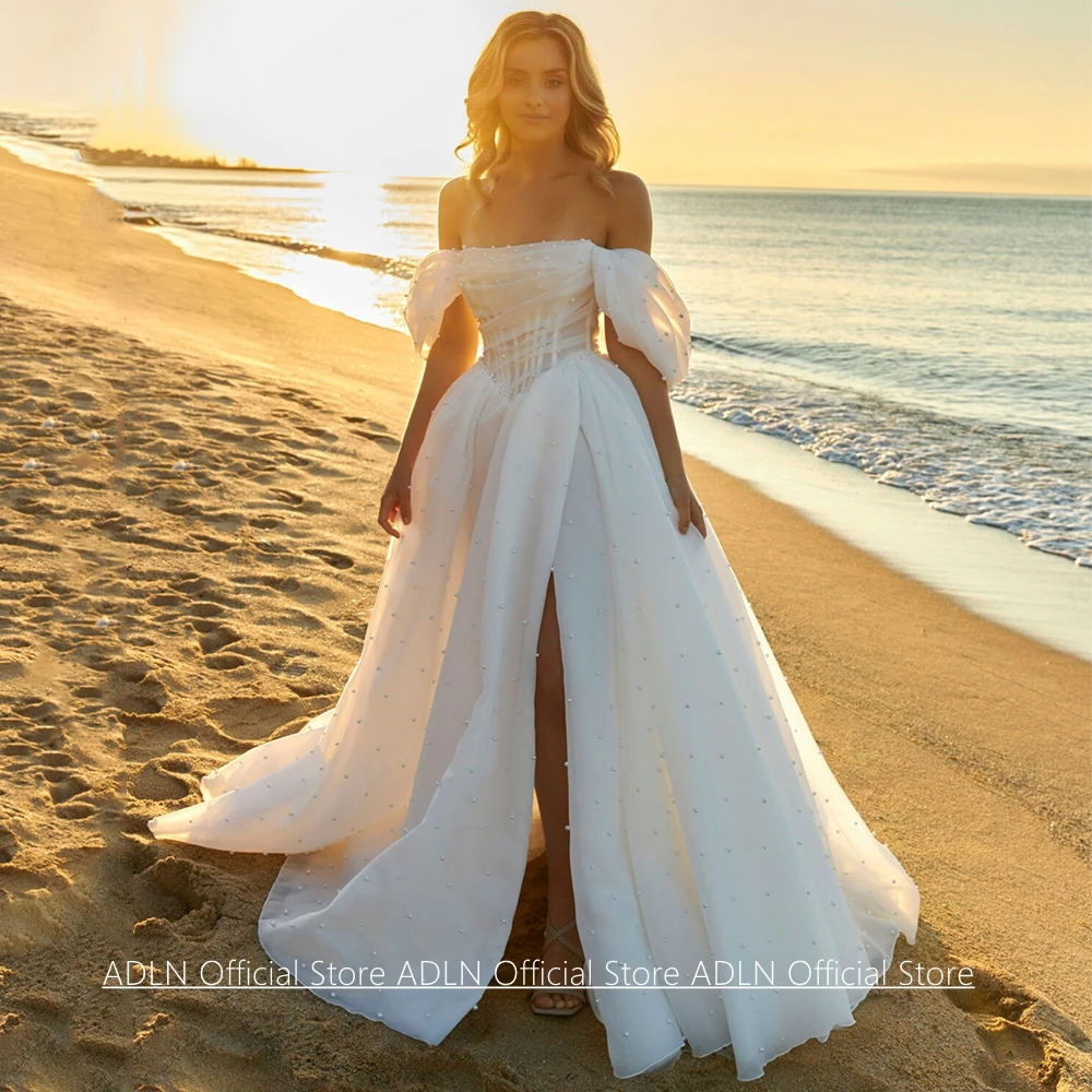 Customized Organza Wedding Dress Off The Shoulder Boat Neck Pleated Pearls High Split Sweep Train Beach Bridal Gown