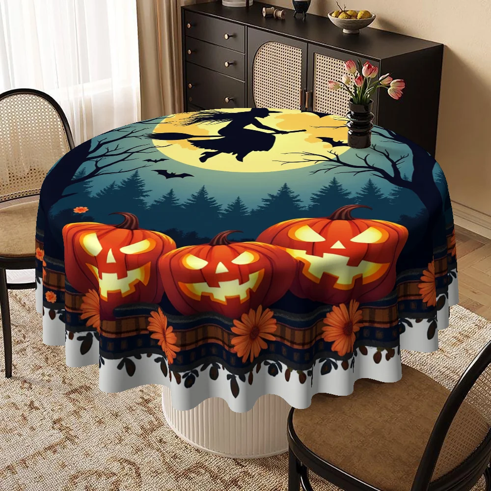 1 piece of Halloween tablecloth - Light peach and light beige material, with a charming witch flying under the moonlightzyc