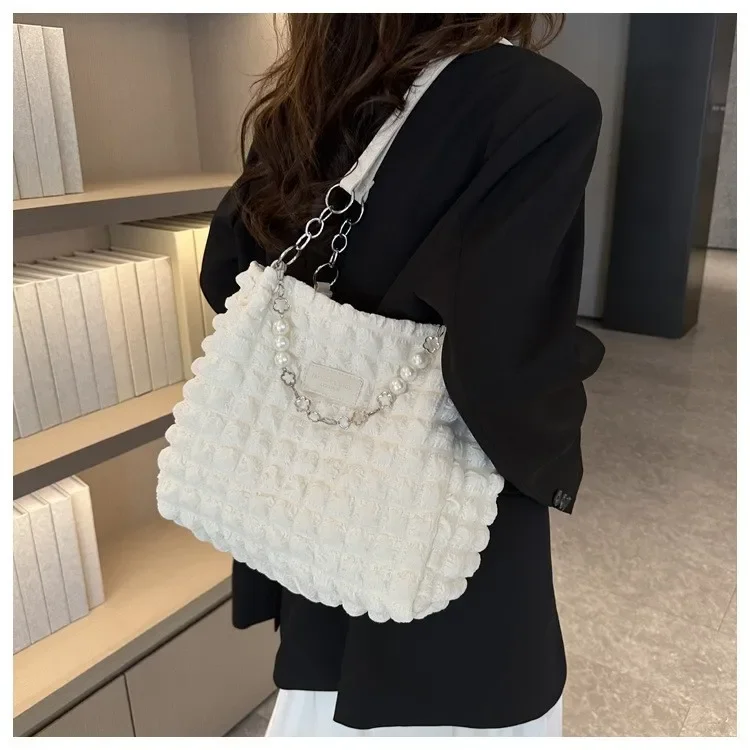 Damen Gesteppte Karierte Wolken-Baumwolltasche, Plissierte Unterarm-Hobo-Shopper-Umhängetasche für den Täglichen Gebrauch – Detail 4