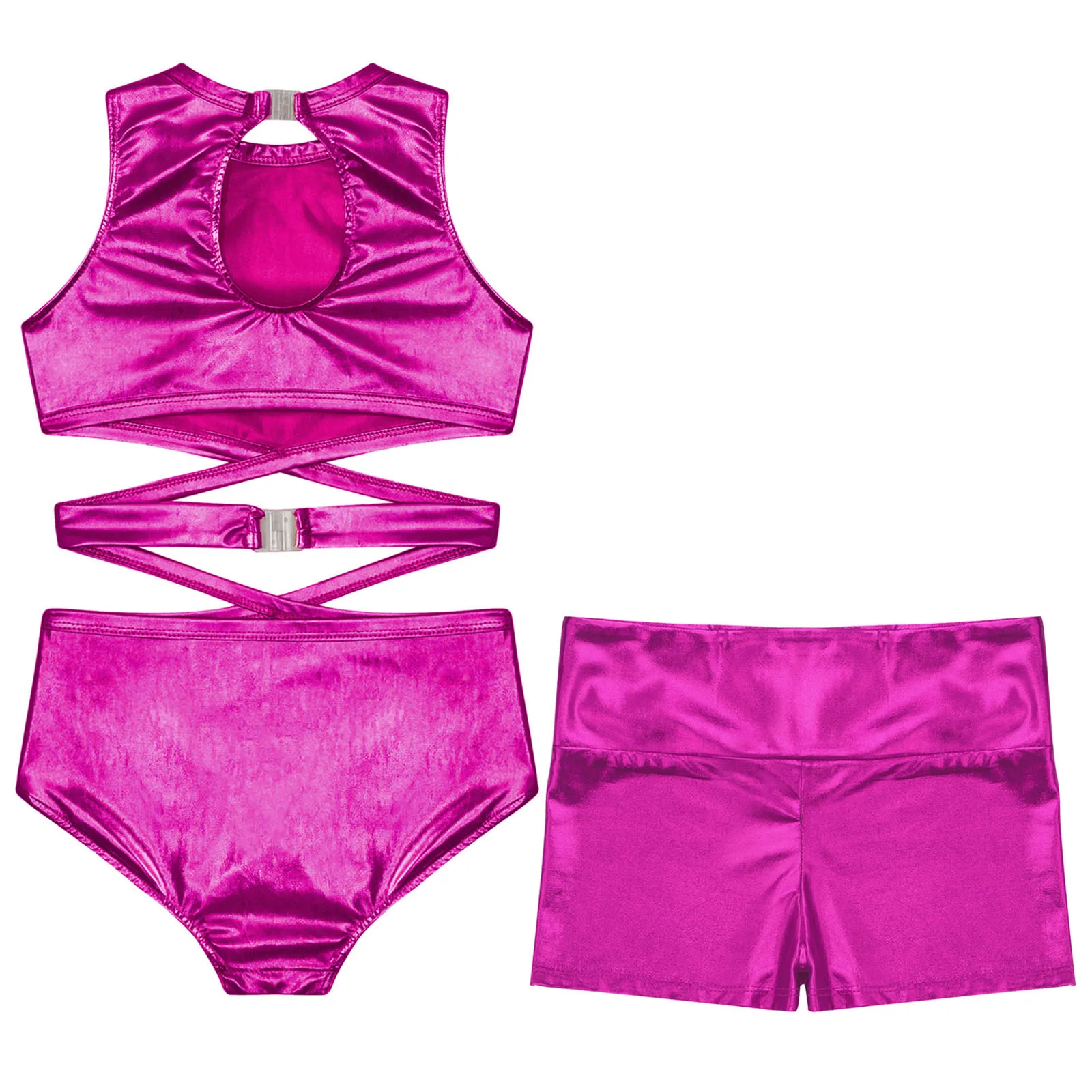 Brilhante Metálico Ginástica Collant e Shorts Conjunto das meninas, Collant Ballet, Dança Bodysuit, Unitard Performance Dancewear