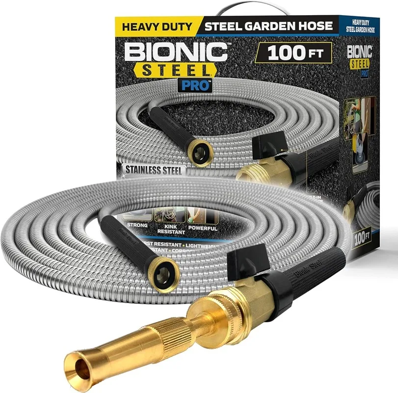 

Bionic Steel PRO Metal Garden Hose 100 Ft with Nozzle, 304 Stainless Steel Water Hose 100Ft, Kink Free, Crush Resistant, 500 PSI