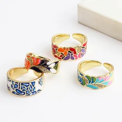 New Fashion Enamel Colorful Flower Rings For Women Adjustable Copper Gold Plated Wide Finger Band Ring Party Jewelry Gift