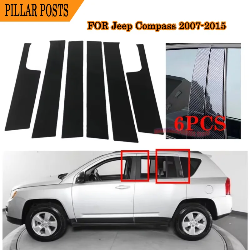 For Jeep Compass 2007-2015 6PCS Complete Protective Upgrade Kit With Silver Carbon and Gloss Black B & C Pillar Covers