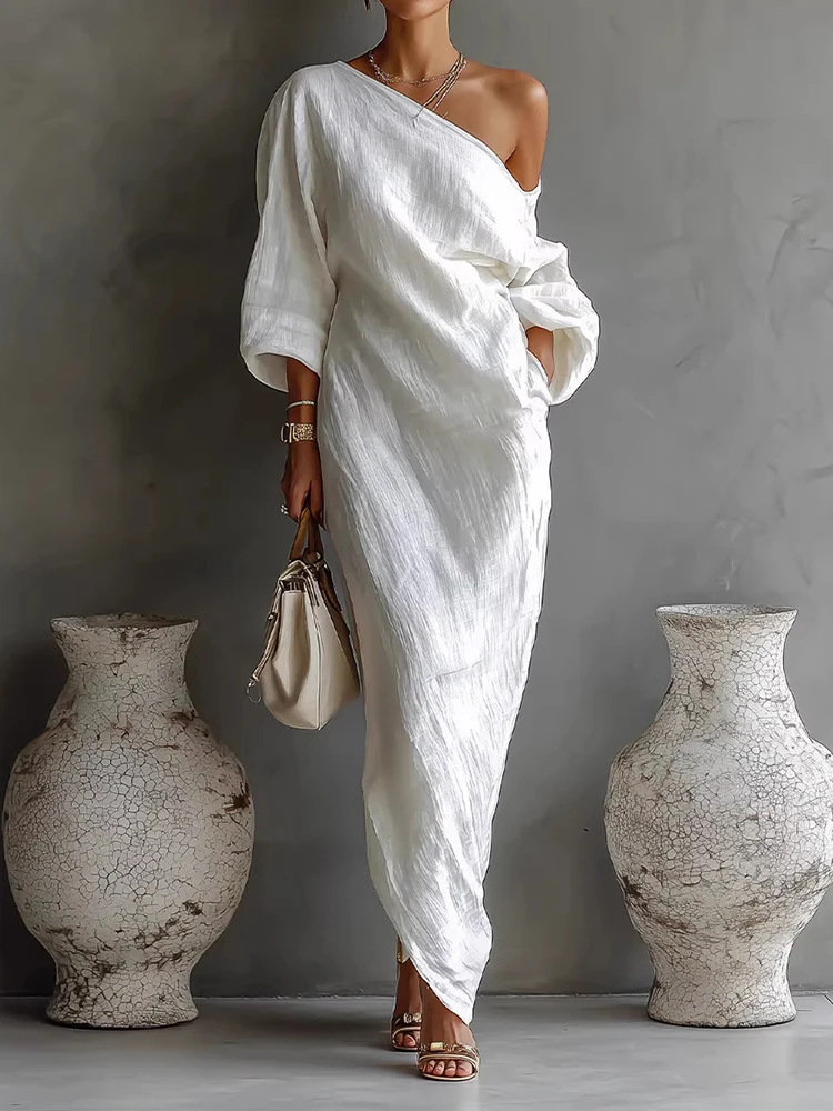 

Европейское ретро-платье макси с диагональным воротником, женское, весеннее, повседневное, с длинным рукавом, для вечеринок, 2026, однотонное, в стиле пэчворк, шикарное, для женщин