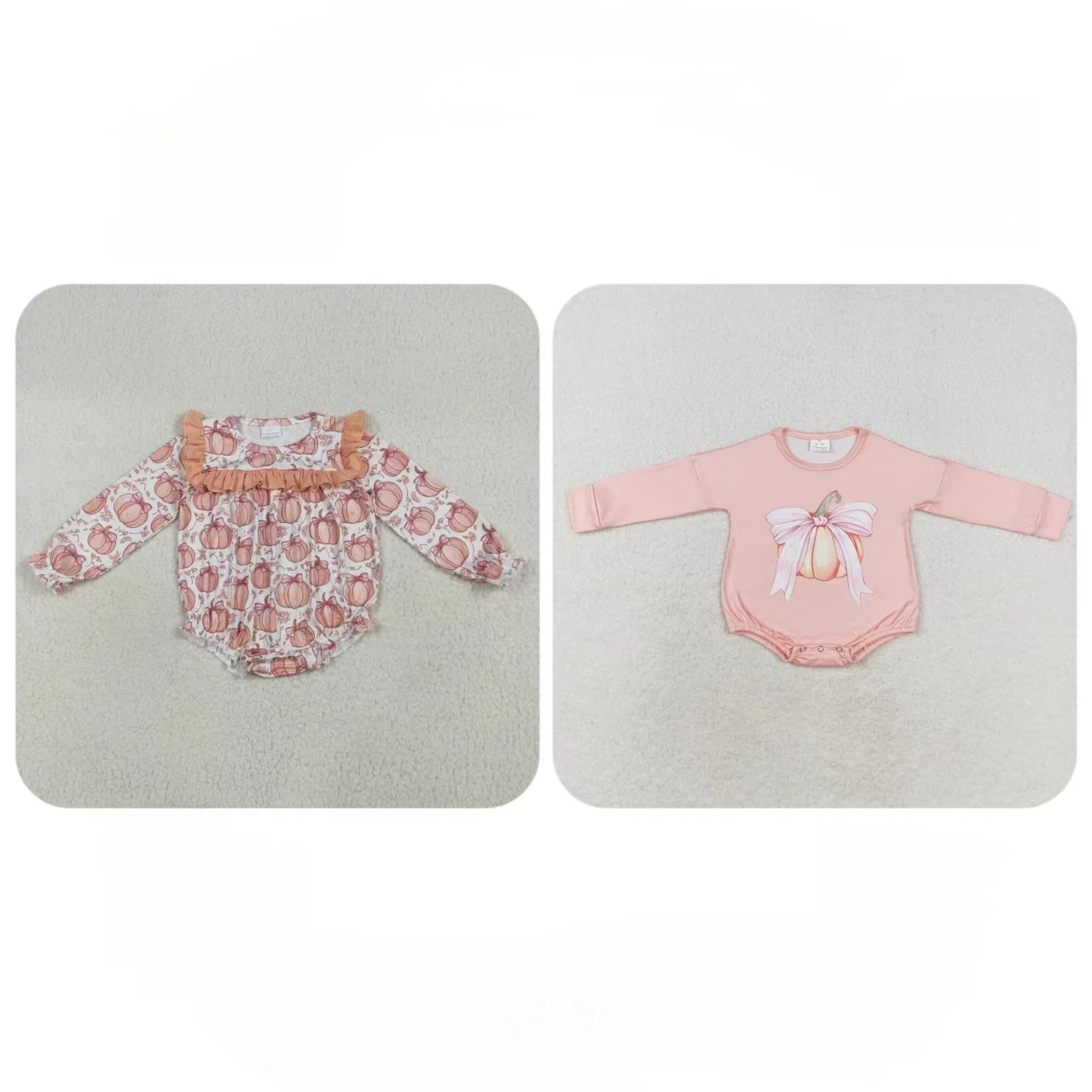 

Wholesale Baby Girl Coverall Ruffle Autumn Newborn Bubble Bodysuit Toddler Thanksgiving Children Pumpkins Bows Girls Fall Romper
