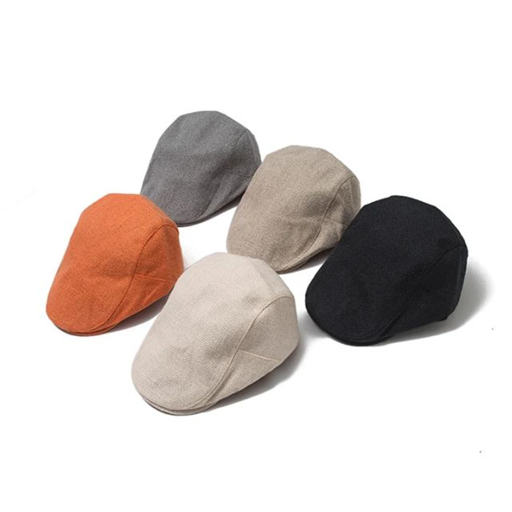 BUTTERMERE Linen Mens Beret Summer Flat Cap Adjustable Newsboy Cap Breathable Vintage Solid Orange Ivy Duckbill Hat