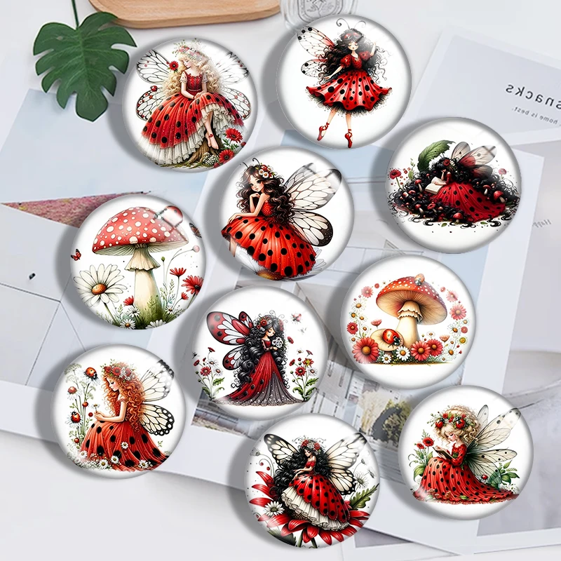 Dot Mushroom Girl 10pcs 12mm14mm/16mm/18mm/20mm/25mm Round Photo Glass Cabochon Demo Flat Back Making Findings Jewelry