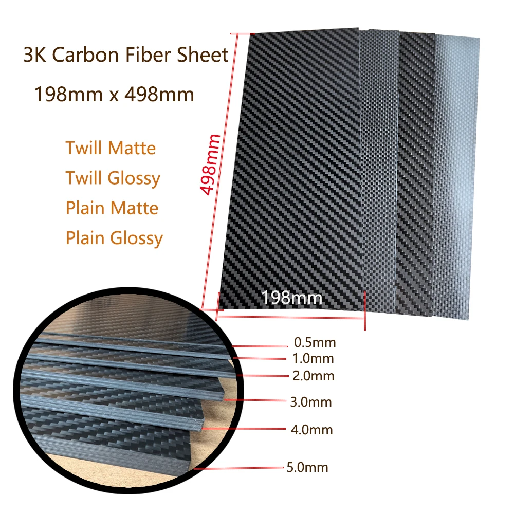 

1pcs 198x498mm Full 3K Carbon Fiber Plate Sheet High Strength Carbon Board Panel Thickness 0.5mm- 5mm Used for DIY materials
