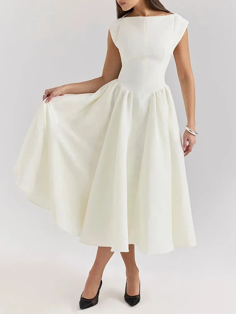 

Весенне-летние новые платьяПлатья женские белые платья трапециевидной формы с открытой спиной ажурное плиссированное платье без рукавов с высокой талией