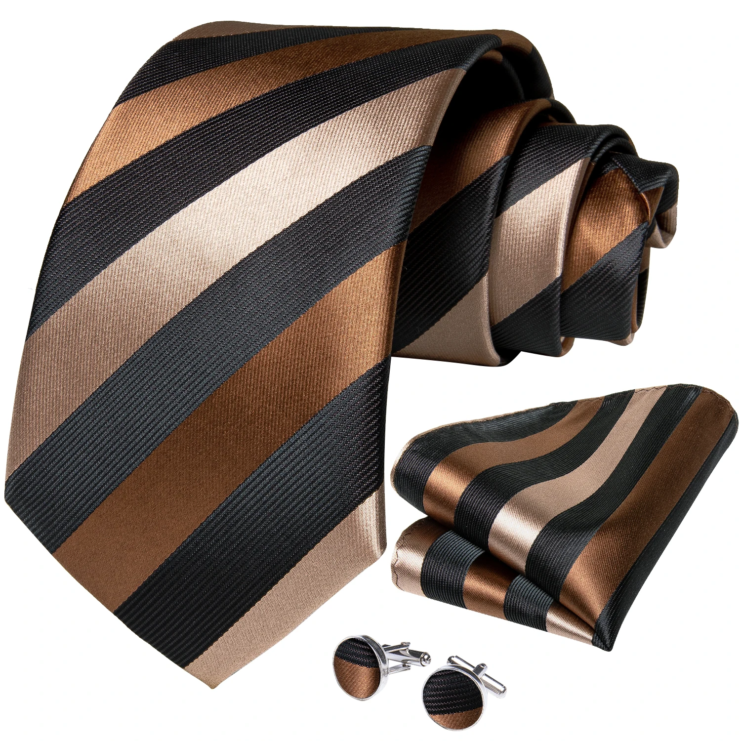 Corbata marrón a rayas de café para hombre, conjunto de gemelos y pañuelo, corbata Jacquard para hombre, corbatas de negocios para boda, regalo Formal informal
