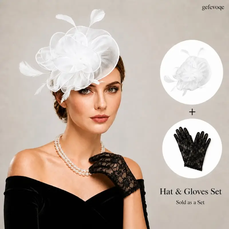 

Women Fascinator Hat Lace Gloves Set Organza Flower Feather Tea Party Headpiece for Wedding Kentucky Derby Cocktail Church