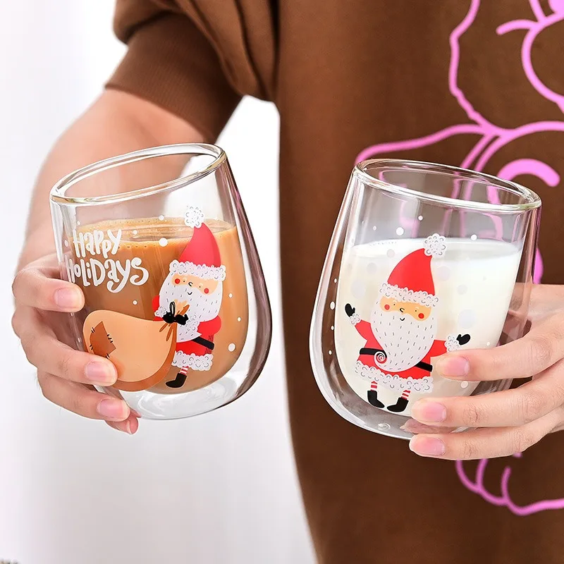 عيد الميلاد مزدوجة الجدار أكواب زجاجية سانتا كلوز نمط مقاومة للحرارة كوب ماء المنزل عصير الشاي الحليب القهوة القدح عيد الميلاد هدية درينكوير