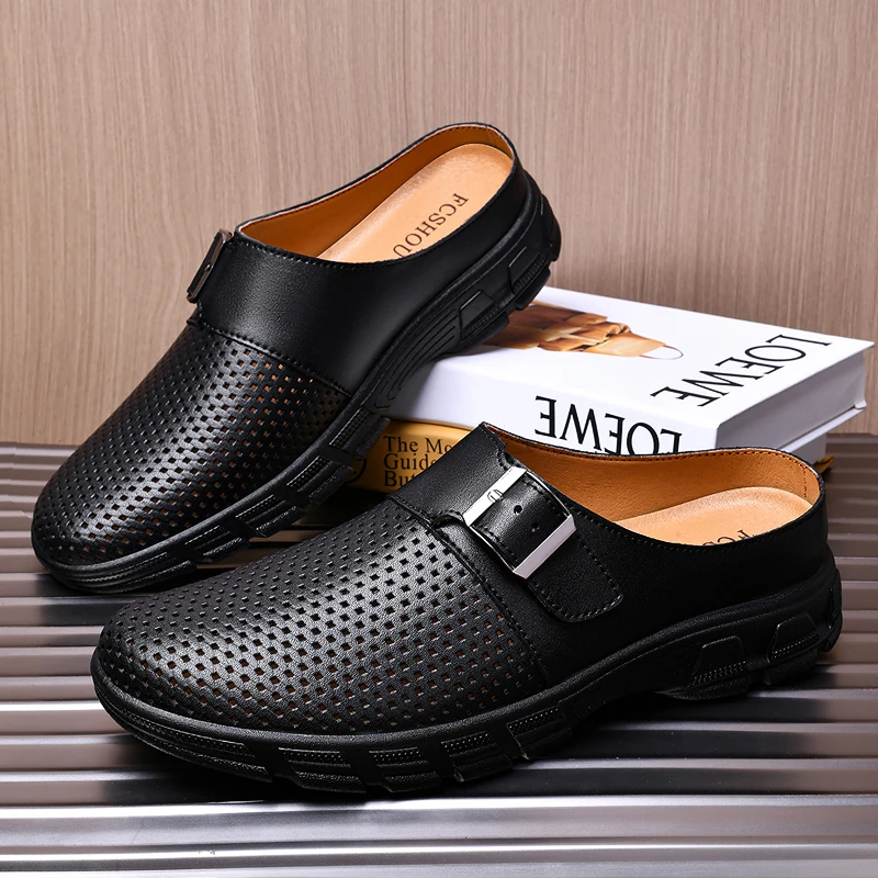 

Мужские кожаные мюли с ремешками-монки, полузакрытые туфли, перфорированные дышащие летние повседневные туфли