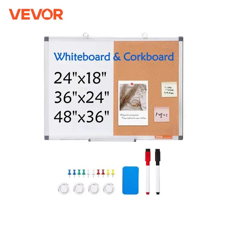 VEVOR Whiteboard & Cork Board 2-in-1 Magnetic Dry Erase/with Linen Surface Bulletin Board for Wall Mount for School Home Office