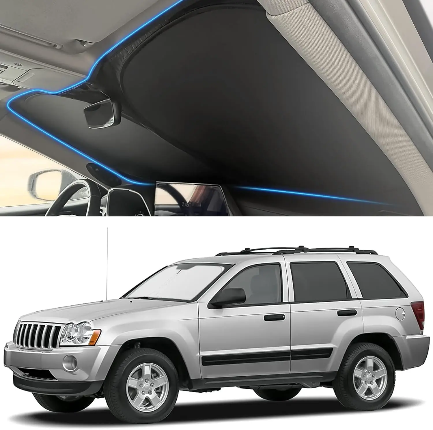 Windshield Sun Shade for Jeep 2005-2010 Grand Cherokee Accessories (OEM Size) Auto Interior Front Window Sun Visor Heat Protecti
