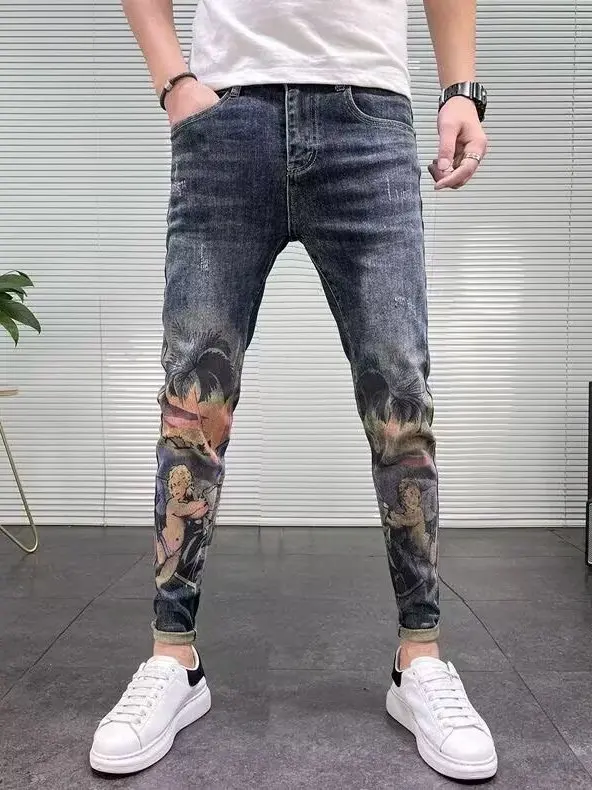 

Мужские облегающие джинсы с принтом, повседневные эластичные винтажные джинсы, весенне-осенняя одежда, удобные дышащие, не скатываются