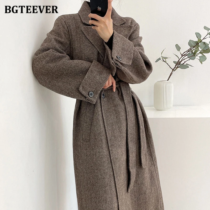 

BGTEEVER Winter Fashion Full Sleeve Female Oversized Woolen Jackets Stylish Loose Pockets Women Double Breasted Long Blend Coats