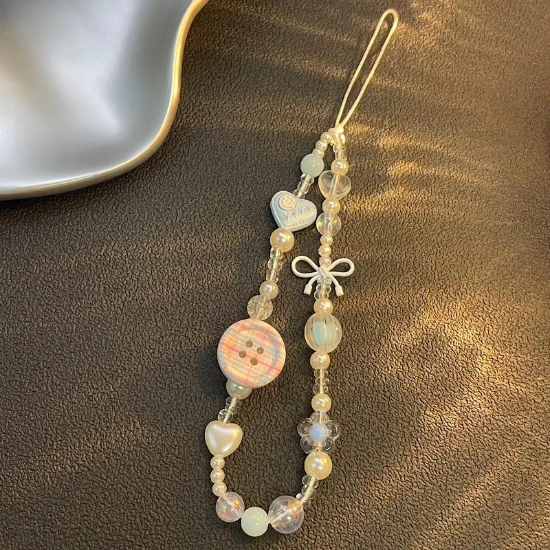 Cute Korean Pink Button 3D Beaded Phone Lanyard Anti-Lost Universal Wrist Phone Chain for Women Fashion Accessory view 4
