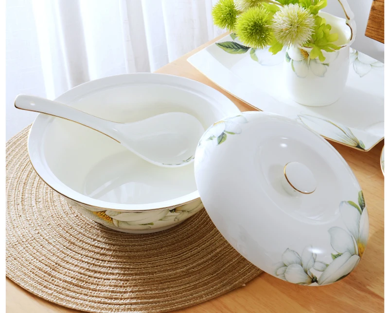 9 Inch, Bone China Food Warmers Buffet with Lid, Flower Porcelain Serving Bowl for Dinner, Ceramic Tureen, Soup Keeping