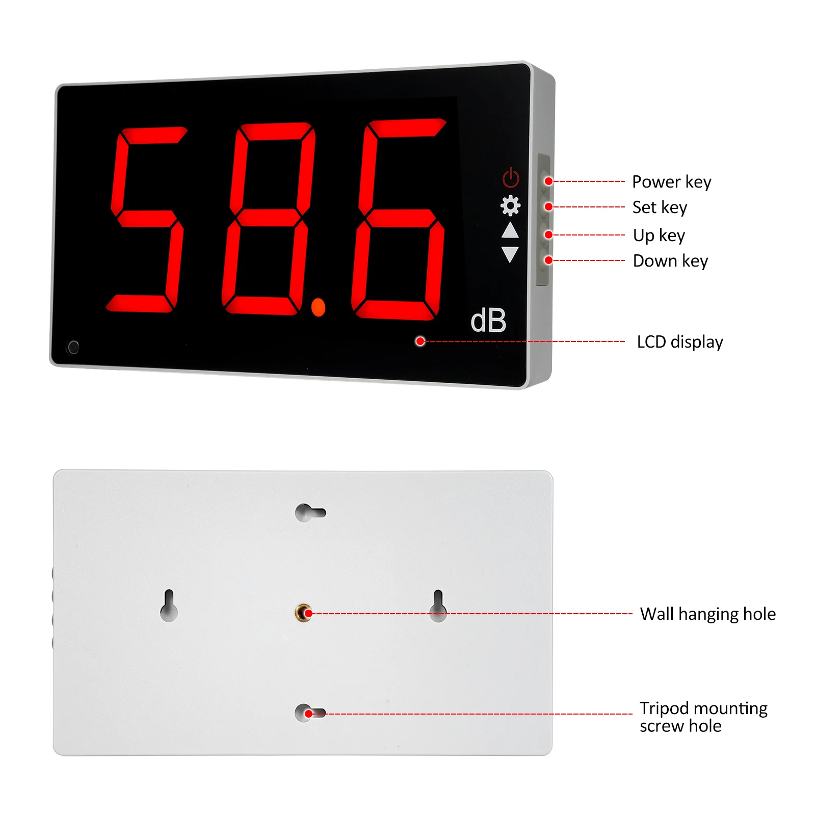 30-130dB Digital Sound Level Meter Wall Mounted Decibel Meter Large LCD Screen Digital Noise Meter Decibel Monitoring Tester