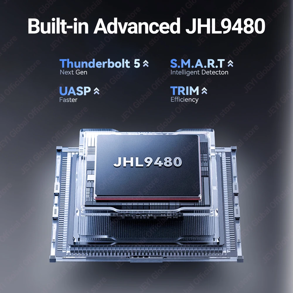 JEYI Thunderbolt 5 M.2 2280 NVMe SSD Enclosure-JHL9480 Chip 80Gb/s Bidirectional Built-in Smart Fan Aluminum Heatsink 8TB Max