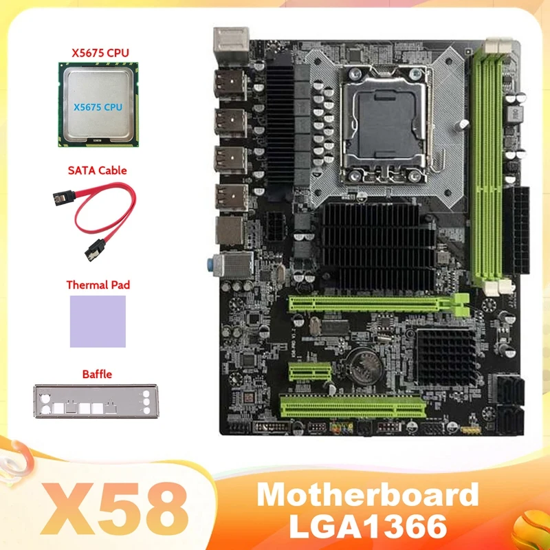 

X58 Motherboard LGA1366 Computer Motherboard Support XEON X5650 X5670 Series CPU With X5675 CPU+SATA Cable+Thermal Pad