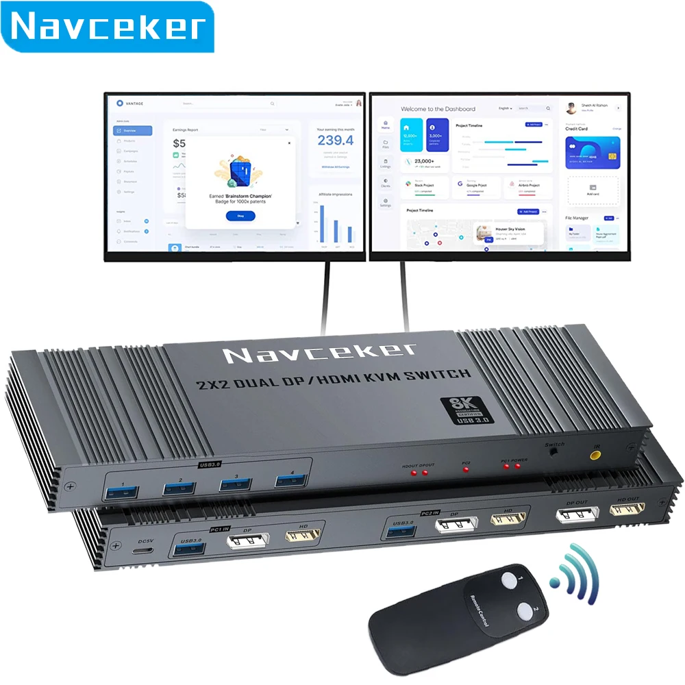 

Navceker 2x2 HDMI DP KVM switch 4K 120Hz Dual Monitor Extended Display 8K USB KVM Switcher 2 in 2 out for 2 Computers 2 Monitors