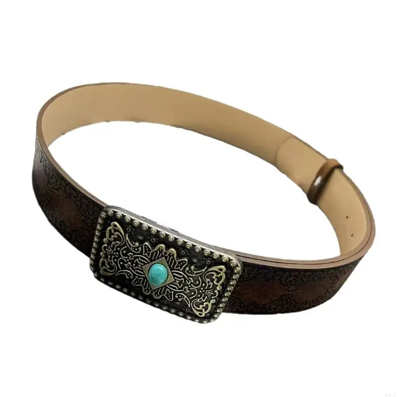 

B95F Retro Edgy Buckles Belt Adjustable Brown PU Leather Strap Embossed Belt Fashion Accessory For Women Men
