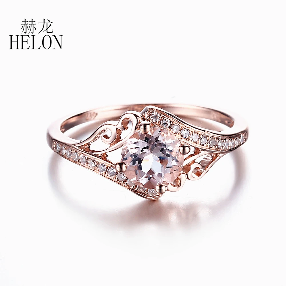 HELON 6mm Round Morganite Ring Solid 14K Rose Gold Natural Diamonds Engagement Ring Women Anniversary Trendy Jewelry Gift