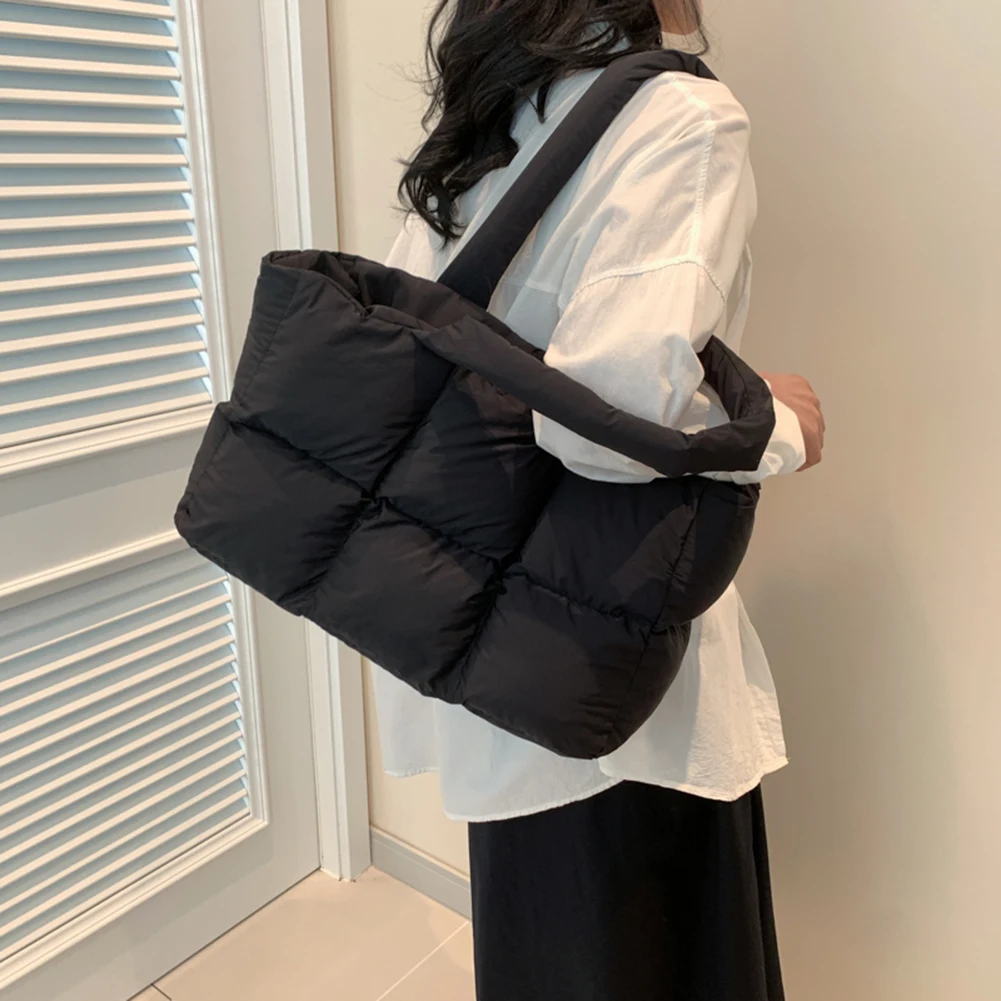 Women Puffer Shoulder Bag Solid Color Quilted Single Shoulder Bag Large Capacity Soft Cloud Tote Bag Casual Tote Bag