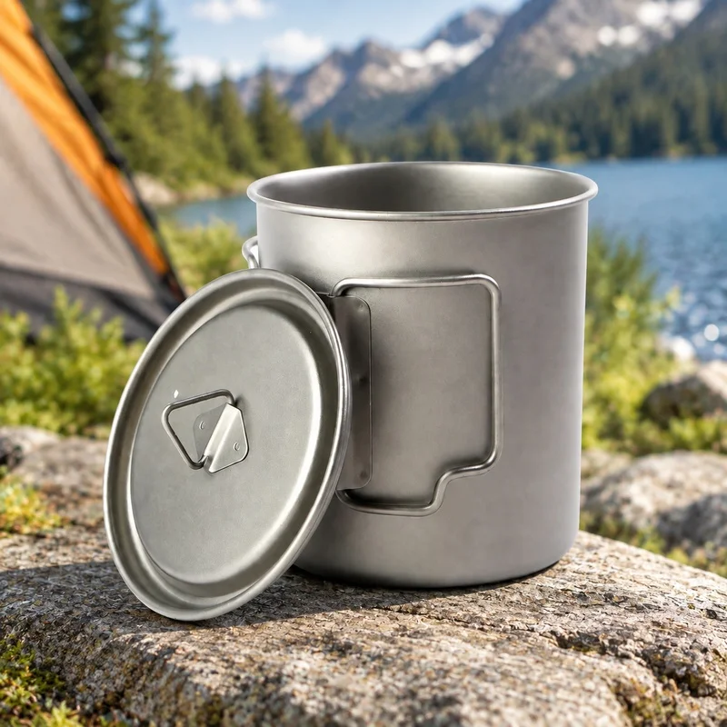 Lightweight Titanium Outdoor Cooking Cups, Foldable Handle Design, Available in 200ml to 750ml Sizes