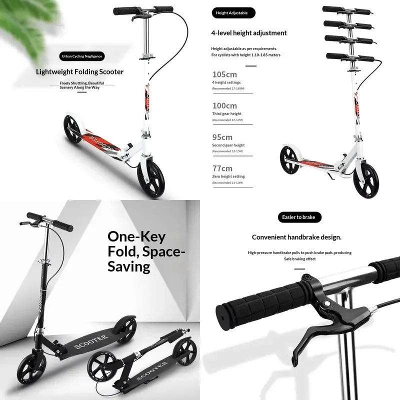 Foldable Adult Hand Brake Kick Scooter Large Wheel Two Wheel Commuter City Campus Kids Teen Adjustable Height Scooter Bike