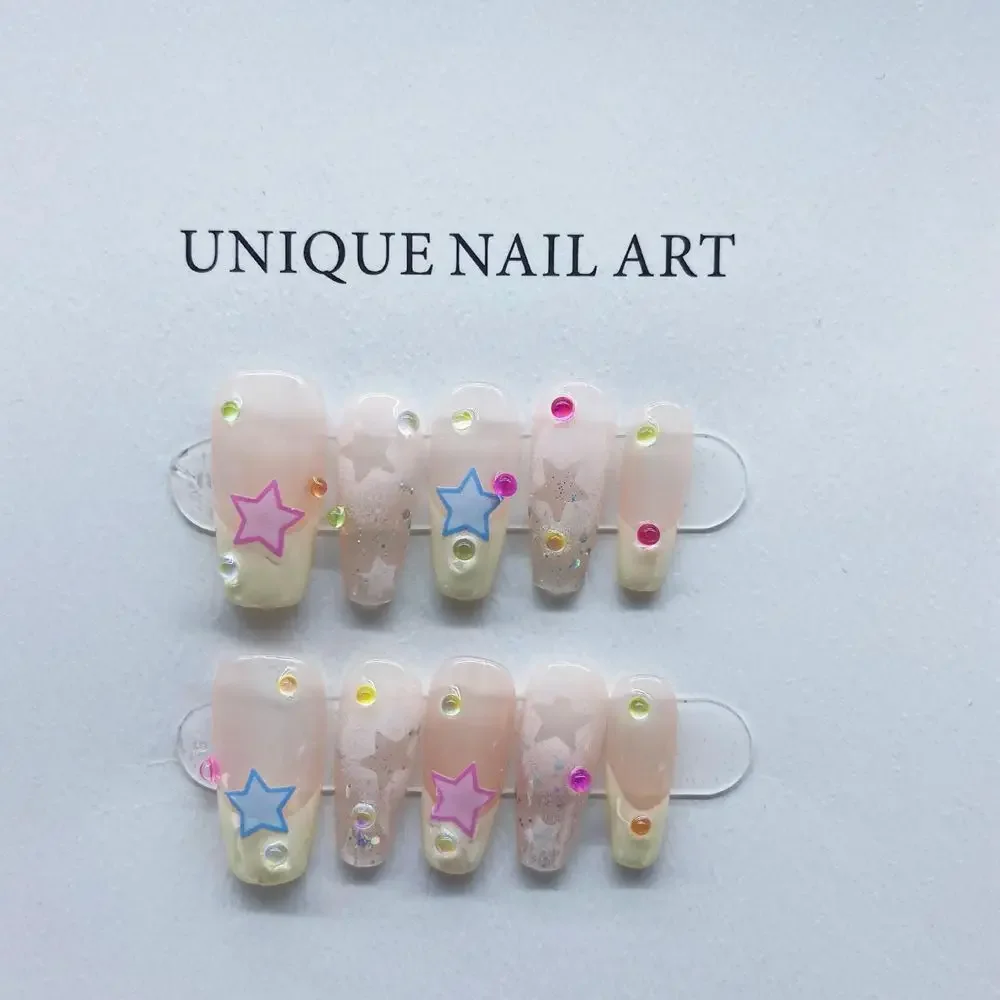 Handmade Star Korean Press on Nails Short Cute Acrylic Reusable Adhesive False Nails Full Cover Nails Tips Hand Paint Nail Art