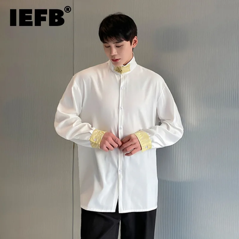 

IEFB Male Shirts 2024 Summer New Stylish Stand Collar Button Casual Long Sleeve Shirts Popular Versatile Patchwork Top 9C5484
