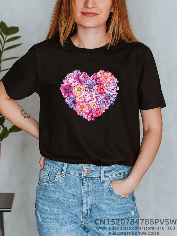 Women Heart Flower Print T-shirt Girl Summer Heart Y2K Harajuku Tops Tee Female Black Pink White Casual Clothes