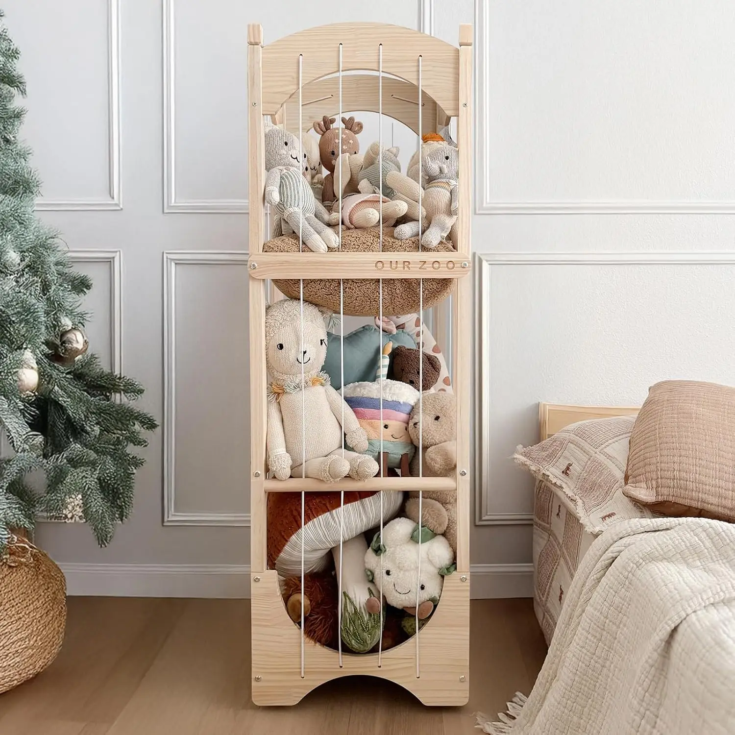 Wooden Toy Storage Organizer with Arched Base, Detachable Bars & Lockable Wheels, 16.5"D x 16.5"W x 51.6"H