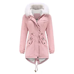 Women Parkas Mid Length Coat Drawstring High Waist Coats Hooded Fur Collar Zipper Autumn Winter Casual Jackets Thick Warm Parka