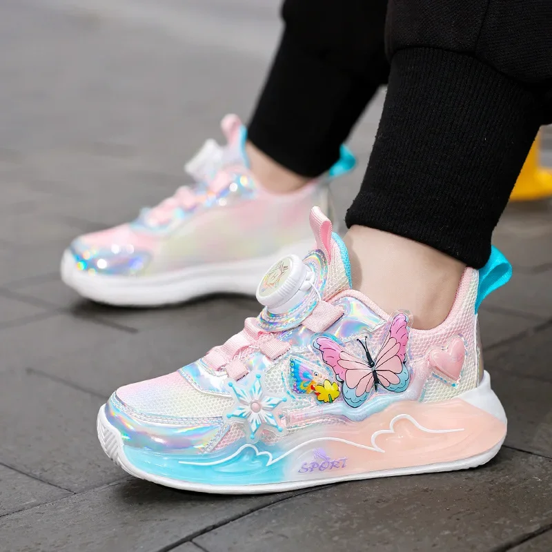 

Children's Sneakers 2025 New Girls' Sports Shoes Mesh Breathable Kid's Running Shoes Rotating Buckle Soft Sole Causal Shoes