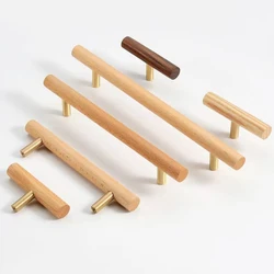 Nordic Wooden Long Drawer Knobs T bar Handle Walnut Cupboard Pulls Kitchen Cabinet Door Handle Furniture Decorate Pulls and Knob