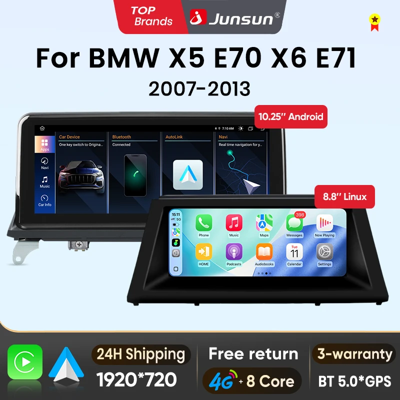 Junsun, autoradio con Android Auto e CarPlay wireless, schermo da 8,8'' e 10,25'', per BMW X5 E70 e X6 E71, modelli 2007-2014, con sistema CCC CIC, Bluetooth, navigazione GPS, stereo, schermo