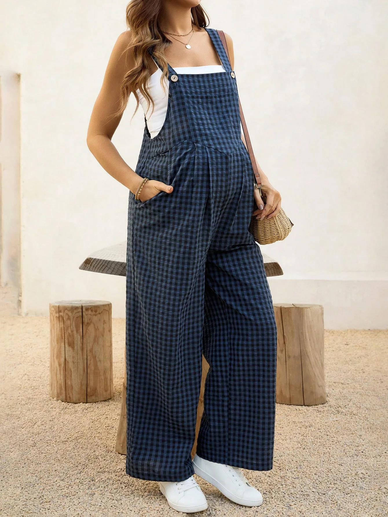 

Casual Maternity Jumpsuit Plaid Loose Cotton Overalls Spring Summer Relaxed Jumpsuit Adjustable Strap Pregnancy Overalls