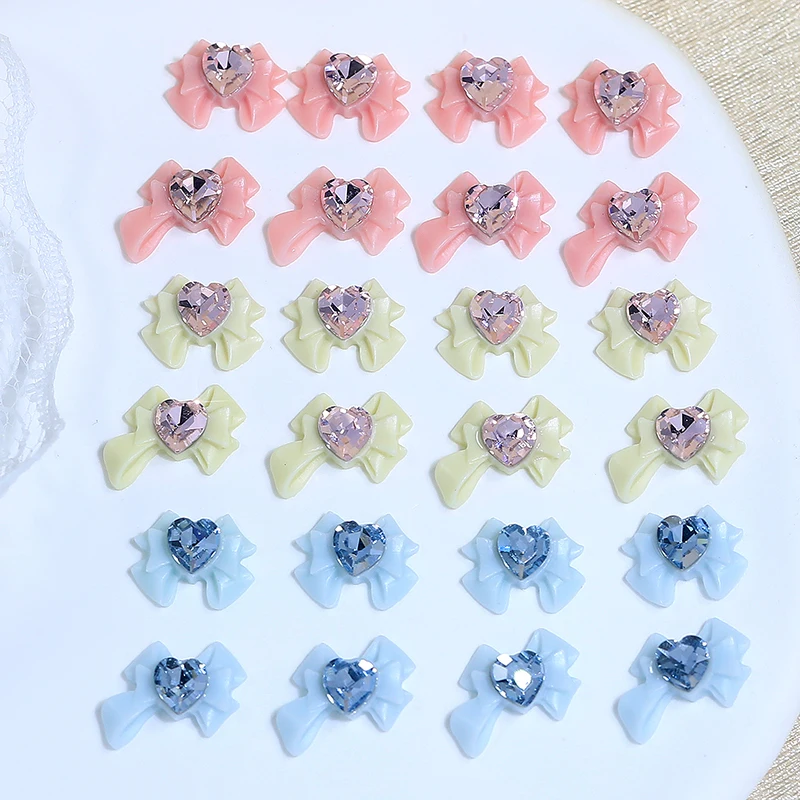 10Pcs Kawaii Colorful Bowknot Nail Charm 3D Cute Blue Heart Crystal Nail Arts Rhinestones DIY Manicure Accessories For Girl Gift