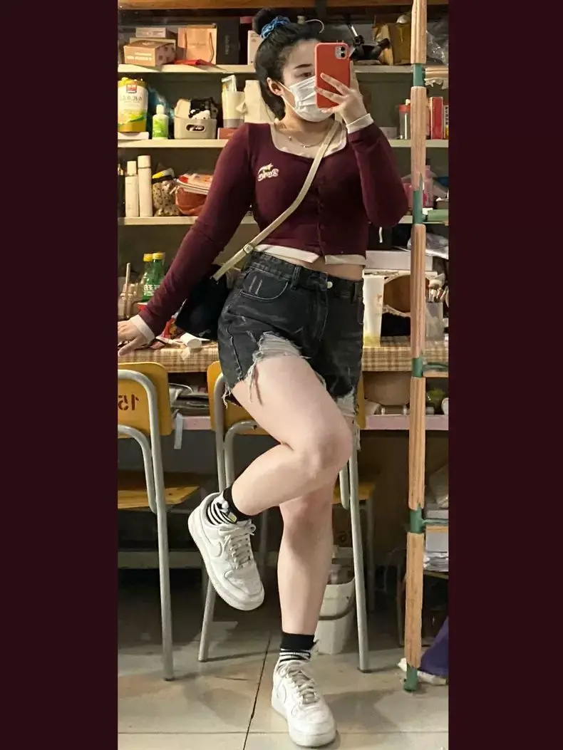 Fat MM plus size women's black grey denim shorts women's summer thin loose look skinny high waisted A-line spice hotpants