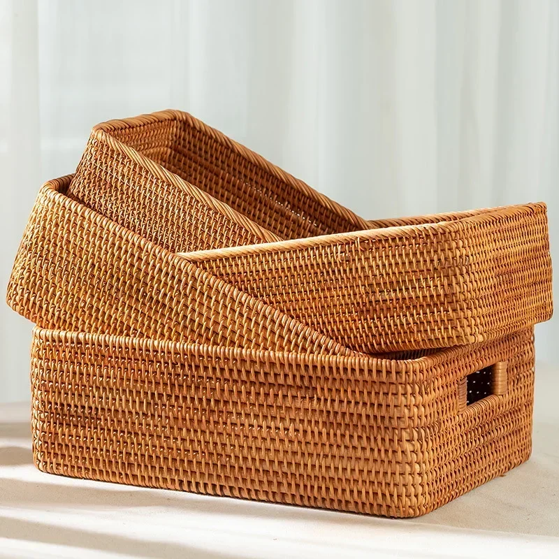 Minimalist Home Rattan Storage Basket Rectangular Woven Vietnam Bamboo Woven Basket Box Sundries Sorting Clothing Storage Box