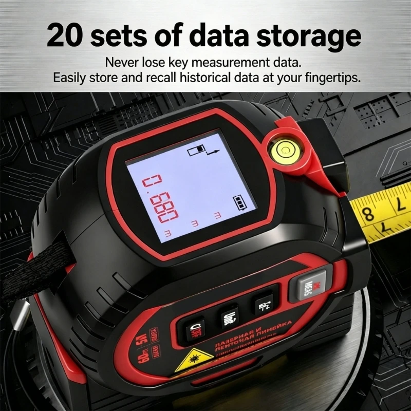 Lasering Distance Meter 3 In 1 IR Tape Measure With Crosses Line Level And Data Storage