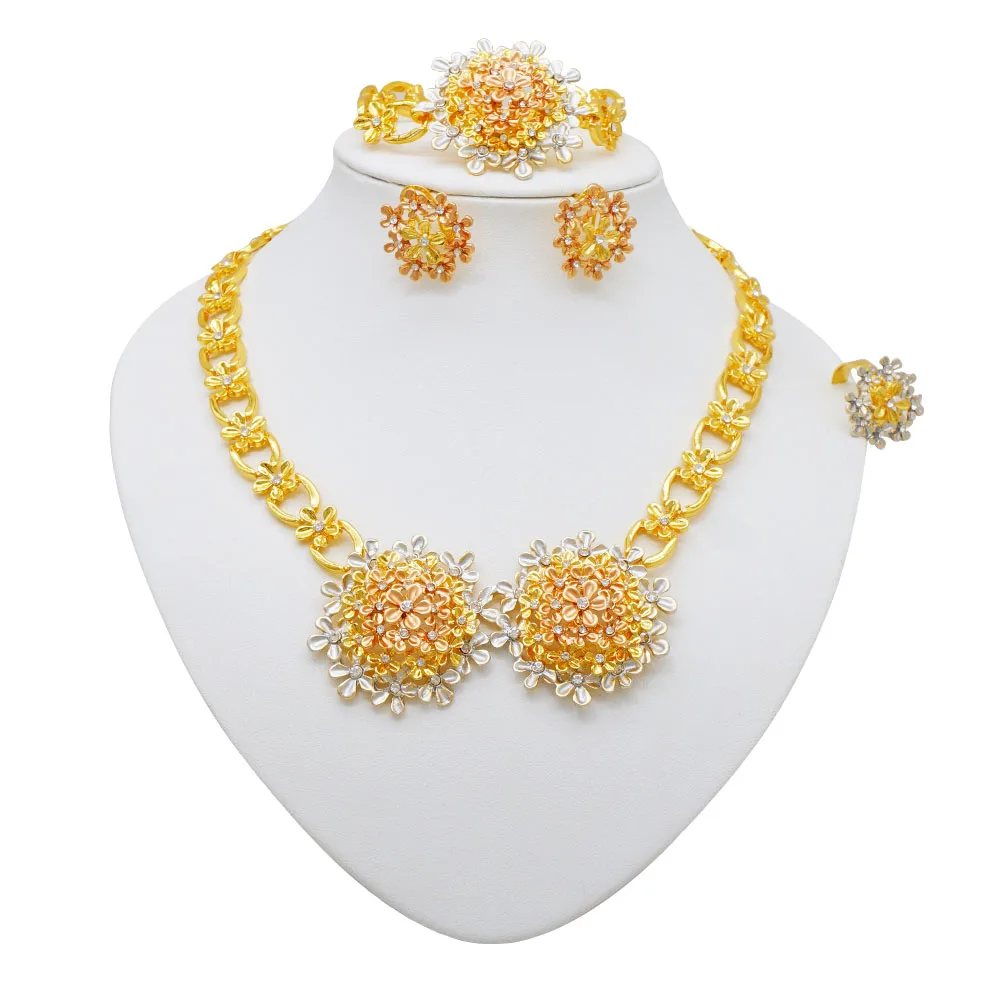 

Dubai 24K Gold Color Flower Necklace Earrings Jewelry Set Africa India Nigeria Bridal Wedding Party Favors Jewelry