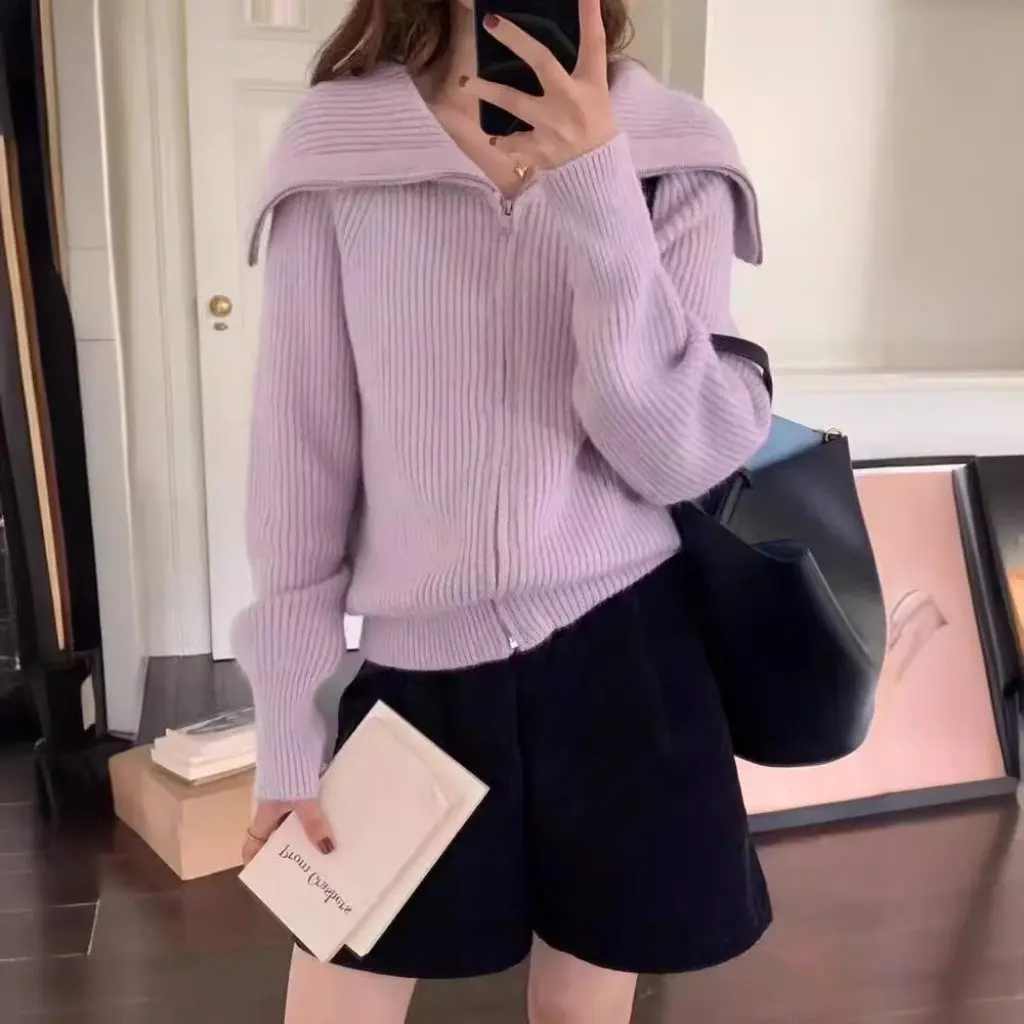 

Korean Style Women's Large Lapel Zipper Sweater Coat Solid Color Autumn Winter Soft Waxy Loose Knitted Cardigan