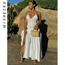 Two Piece Set Women Fairy Skirt Outfits Sexy Halter Backless Bodysuits+High Waist Slit Maxi Skirts 2024 Summer Beach Clothes