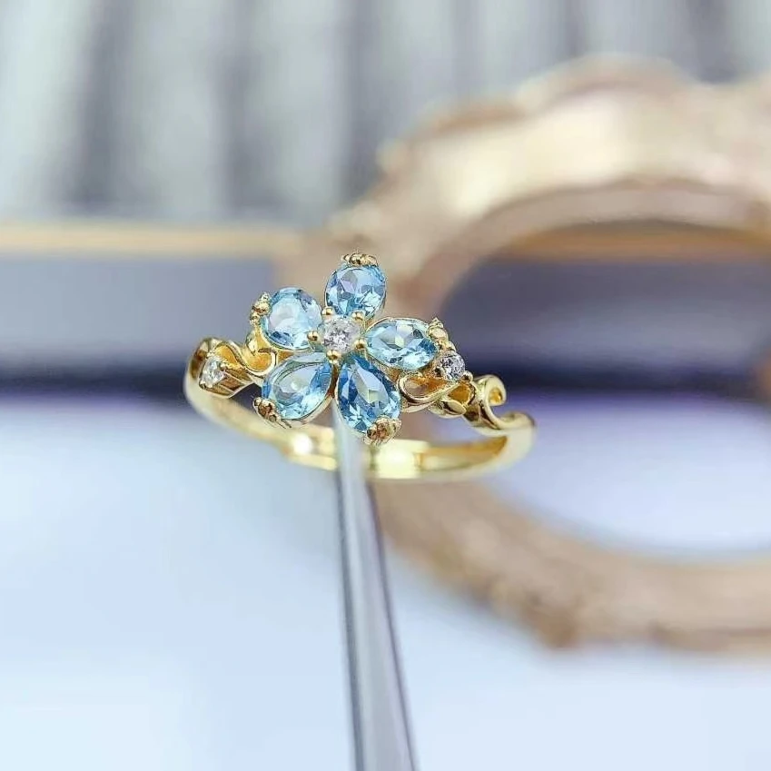 

Кольцо с цветком из серебра 925 пробы, кольцо с натуральным топазом, 3 мм * 4 мм, всего 0,6 карата, небесно-голубой топаз, серебряные украшения